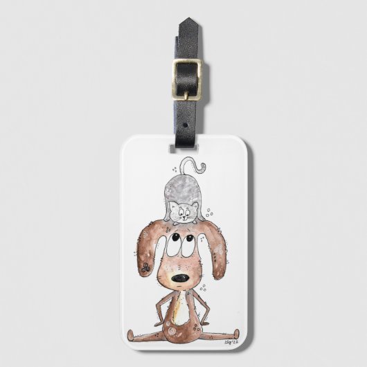 Cute Whimsical Dog met Cat op zijn hoofd Bagagelabel (Voorkant (verticaal))