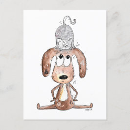 Cute Whimsical Dog met Cat op zijn hoofd Briefkaart