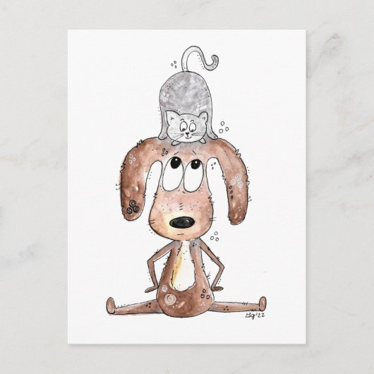 Cute Whimsical Dog met Cat op zijn hoofd Briefkaart (Voorkant)
