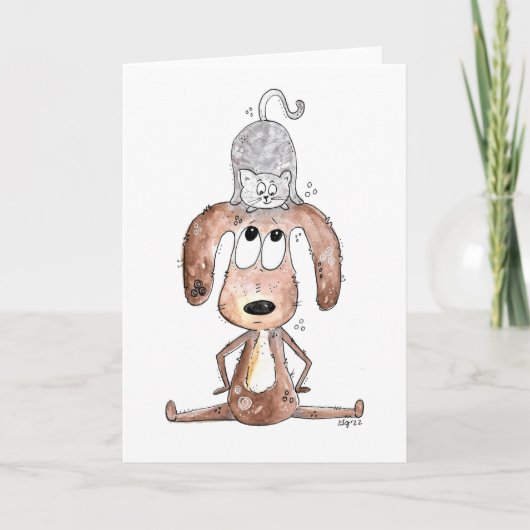 Cute Whimsical Dog met Cat op zijn hoofd Kaart (Voorkant)