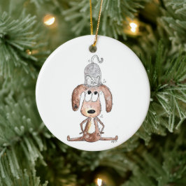 Cute Whimsical Dog met Cat op zijn hoofd Keramisch Ornament