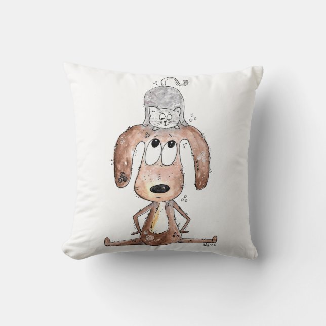 Cute Whimsical Dog met Cat op zijn hoofd Kussen (Voorkant)