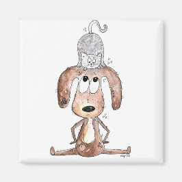 Cute Whimsical Dog met Cat op zijn hoofd Magneet