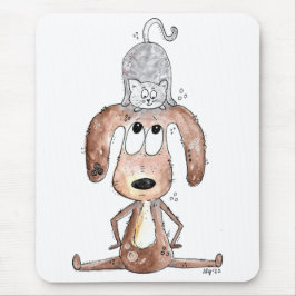 Cute Whimsical Dog met Cat op zijn hoofd Muismat