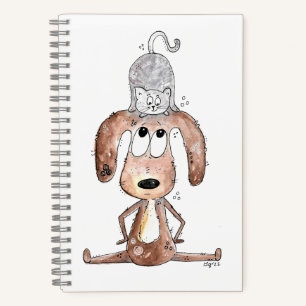 Cute Whimsical Dog met Cat op zijn hoofd Notitieboek