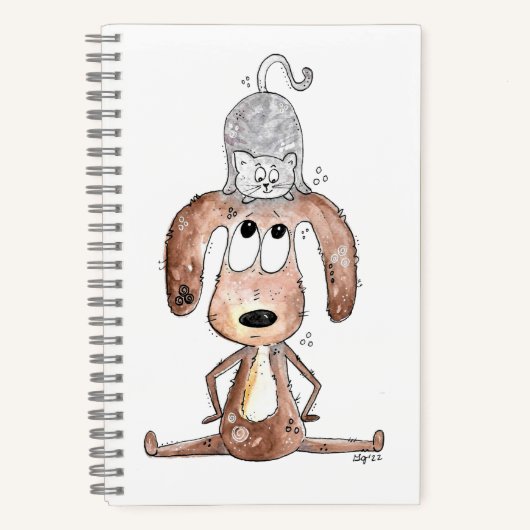 Cute Whimsical Dog met Cat op zijn hoofd Notitieboek (Voorkant)