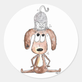Cute Whimsical Dog met Cat op zijn hoofd Ronde Sticker