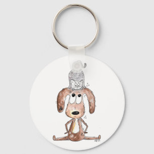 Cute Whimsical Dog met Cat op zijn hoofd Sleutelhanger