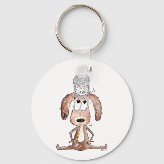 Cute Whimsical Dog met Cat op zijn hoofd Sleutelhanger (Voorkant)