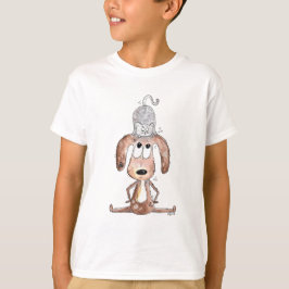 Cute Whimsical Dog met Cat op zijn hoofd T-shirt