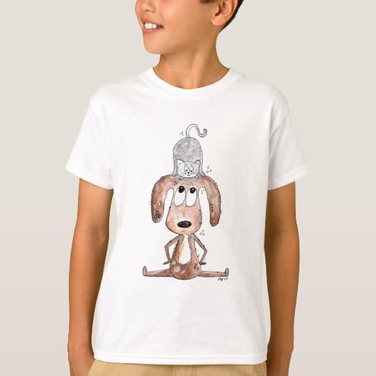 Cute Whimsical Dog met Cat op zijn hoofd T-shirt (Voorkant)