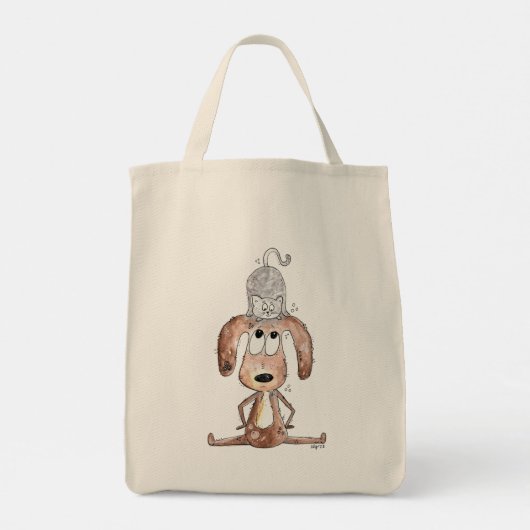 Cute Whimsical Dog met Cat op zijn hoofd Tote Bag (Achterkant)