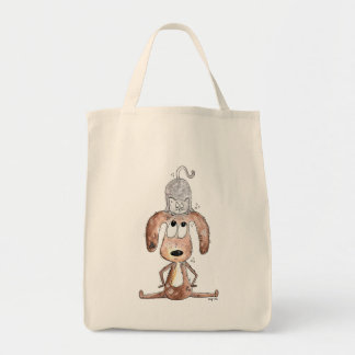 Cute Whimsical Dog met Cat op zijn hoofd Tote Bag