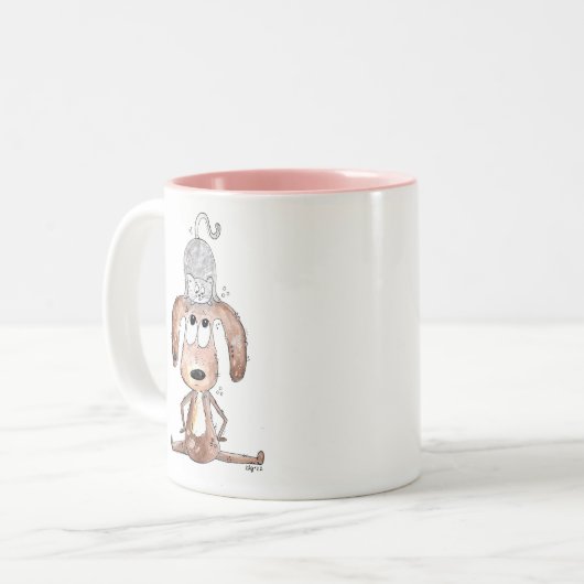 Cute Whimsical Dog met Cat op zijn hoofd Tweekleurige Koffiemok (Voorkant links)