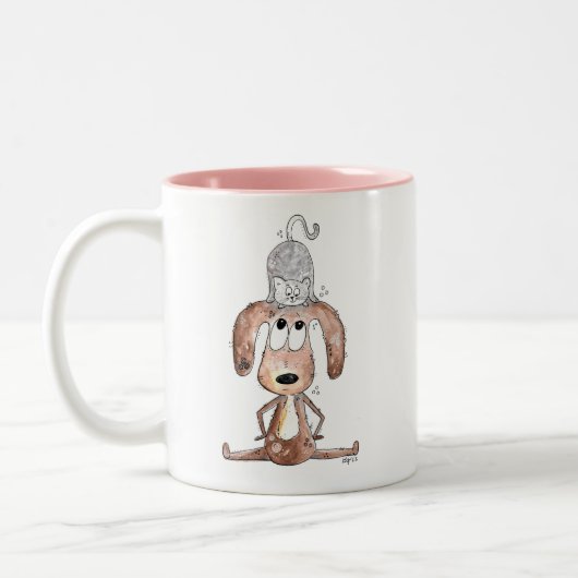 Cute Whimsical Dog met Cat op zijn hoofd Tweekleurige Koffiemok (Links)