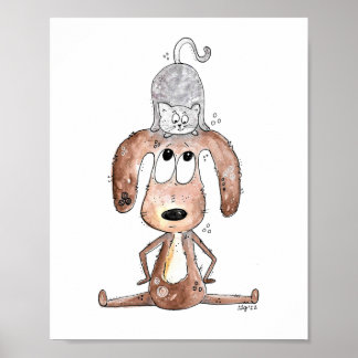 Cute Whimsical Dog met Cat op zijn Poster