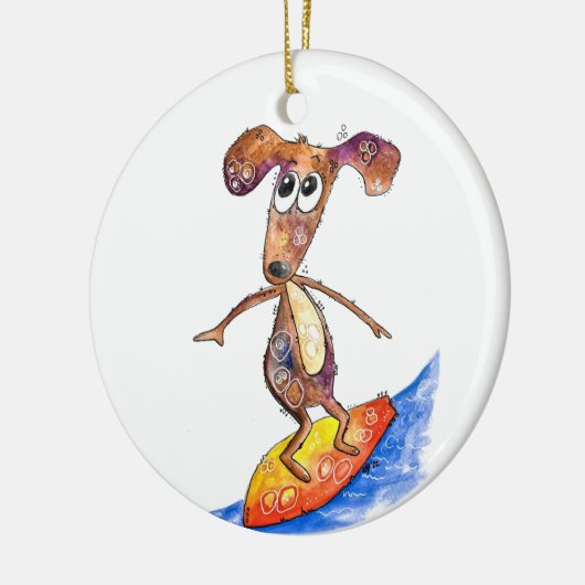 Cute Whimsical Dog op Surfboard Keramisch Ornament (Links)