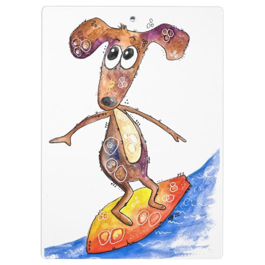 Cute Whimsical Dog op Surfboard Klembord (Achterkant)