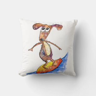 Cute Whimsical Dog op Surfboard Kussen
