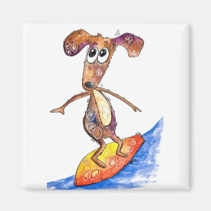 Cute Whimsical Dog op Surfboard Magneet