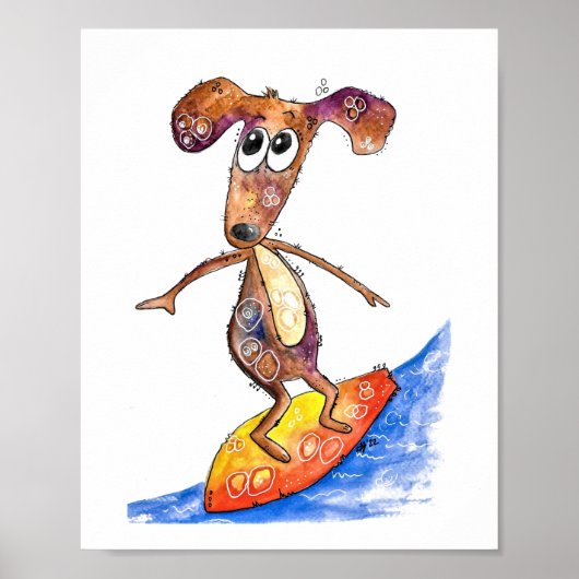 Cute Whimsical Dog op Surfboard Poster (Voorkant)