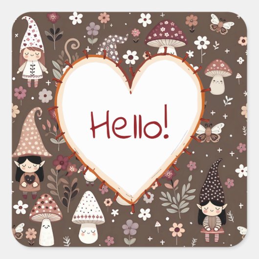 Cute Whimsical Fair Gnomes and Mushrooms Hello  Vierkante Sticker (Voorkant)