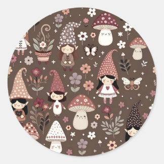 Cute Whimsical Fair Gnomes and Mushrooms   Ronde Sticker