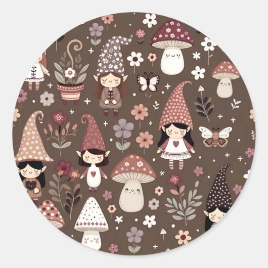 Cute Whimsical Fair Gnomes and Mushrooms Ronde Sticker (Voorkant)