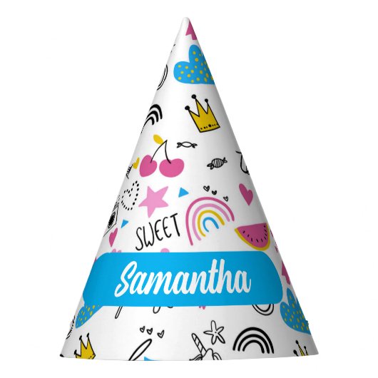 Cute Whimsical First Name Unicorn Rainbow Pattern Feesthoedjes (Voorkant)