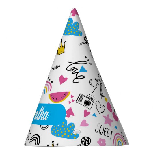 Cute Whimsical First Name Unicorn Rainbow Pattern Feesthoedjes (Rechts)