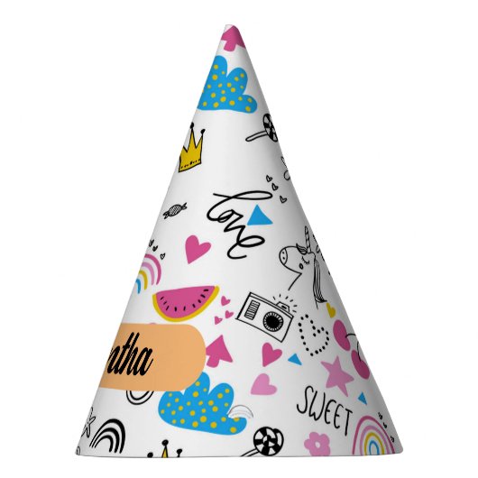 Cute Whimsical First Name Unicorn Rainbow Pattern Feesthoedjes (Rechts)