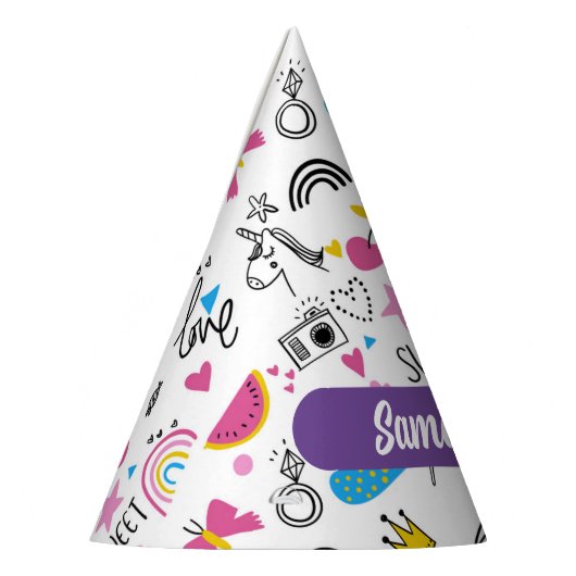 Cute Whimsical First Name Unicorn Rainbow Pattern Feesthoedjes (Links)