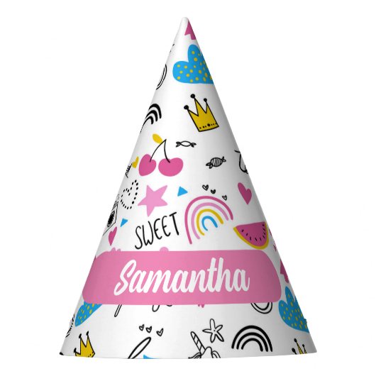 Cute Whimsical First Name Unicorn Rainbow Pattern Feesthoedjes (Voorkant)