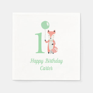 Cute Whimsical Fox & Balloon Green 1st Birthday Servet