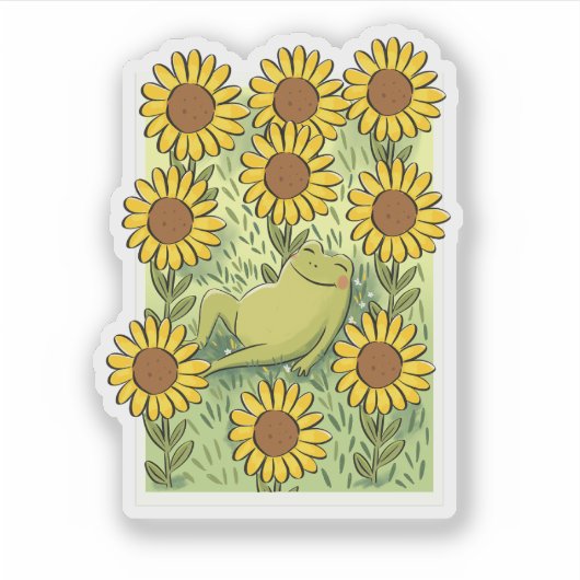 Cute Whimsical Frog And Sunflowers Illustration Sticker (Voorkant)