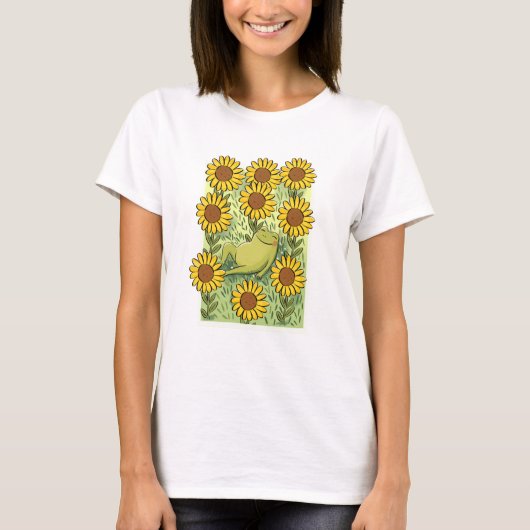 Cute Whimsical Frog And Sunflowers Illustration T-shirt (Voorkant)