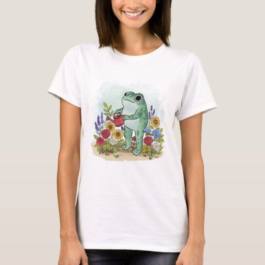 Cute Whimsical Frog In Flower Garden Illustration T-shirt (Voorkant)