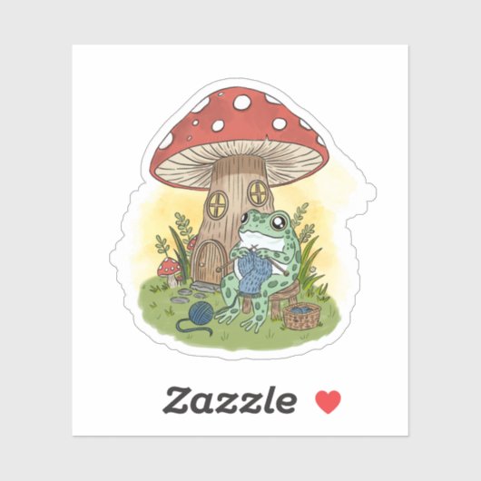 Cute Whimsical Frog Knitting Illustration Sticker (Vel)