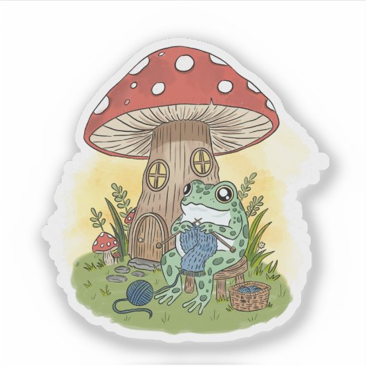 Cute Whimsical Frog Knitting Illustration Sticker (Voorkant)