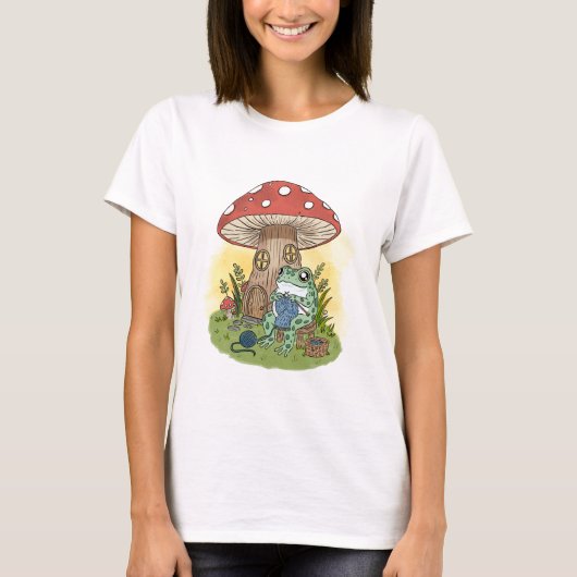 Cute Whimsical Frog Knitting Illustration T-shirt (Voorkant)