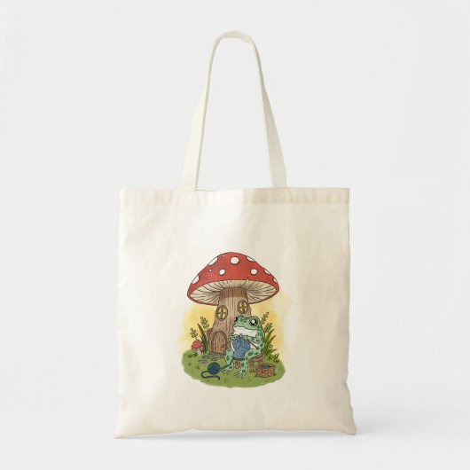 Cute Whimsical Frog Knitting Illustration Tote Bag (Voorkant)