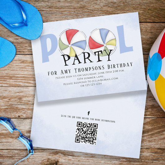 Cute Whimsical Fun Pool Party QR Code Social Media Kaart