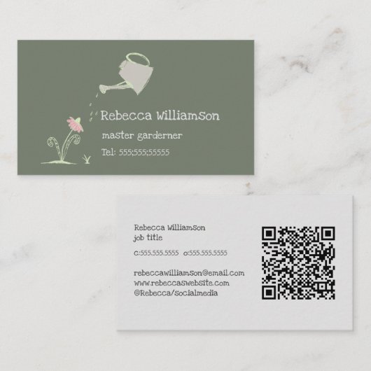 Cute Whimsical Gardening Services & QR Code Busin Visitekaartje (Voorkant / Achterkant)