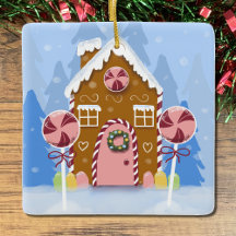 Cute Whimsical Gingerbrood House Blue Ornament