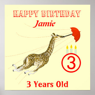 Cute Whimsical Giraffe Umbrella Birthday Poster