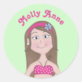 Cute Whimsical Girl Cartoon Drawing Ronde Sticker (Voorkant)
