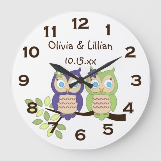 Cute Whimsical Girl Owl Twins Wall Clock Grote Klok (Voorkant)