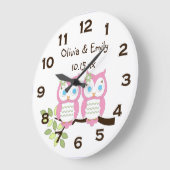 Cute Whimsical Girl Pink Owl Twins Wall klok (Hoek)