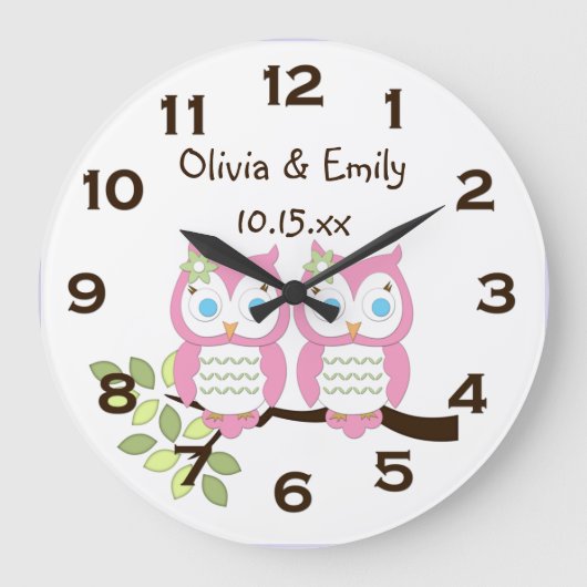 Cute Whimsical Girl Pink Owl Twins Wall klok (Voorkant)