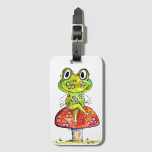 Cute Whimsical Green Frog op Toadstool Bagagelabel